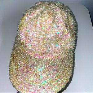 Vintage 90s holo beaded sequins white hat